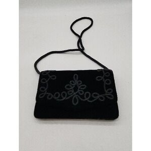 Vintage Lord & Taylor Black Velvet Evening Clutch Rope Strap Embroidered Excelle